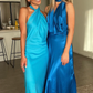 Blue Cross Neck Halter Backless Satin Party Dress, DP2297