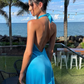 Blue Cross Neck Halter Backless Satin Party Dress, DP2297