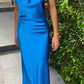 Royal Blue Cross Neck Halter Backless Satin Party Dress, DP2299