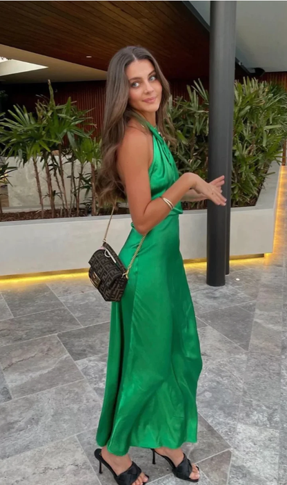 Green Cross Neck Halter Backless Satin Party Dress, DP2300