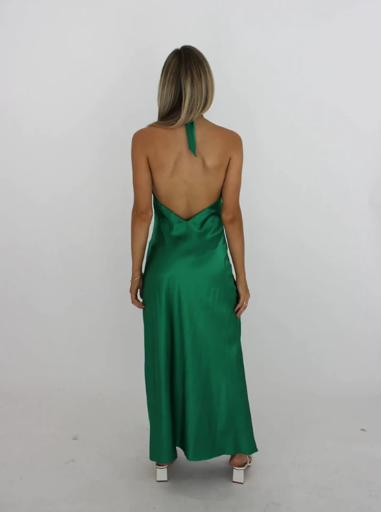 Green Cross Neck Halter Backless Satin Party Dress, DP2300