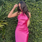 Hot Pink Cross Neck Halter Backless Satin Party Dress, DP2301