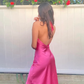 Hot Pink Cross Neck Halter Backless Satin Party Dress, DP2301