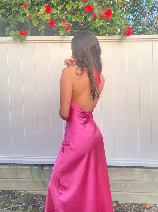 Hot Pink Cross Neck Halter Backless Satin Party Dress, DP2301