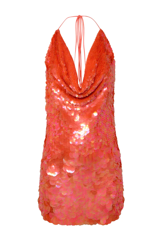 Orange Sequins Evening Dress Halter Backless Homecoming Dress, DP2304