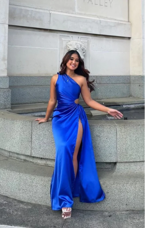 Royal Blue One Shoulder Satin Cut Out Party Dress with Slit, DP2333