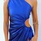 Royal Blue One Shoulder Satin Cut Out Party Dress with Slit, DP2333