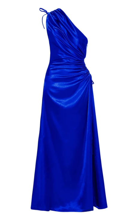 Royal Blue One Shoulder Satin Cut Out Party Dress with Slit, DP2333