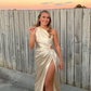 Champagne Satin One Shoulder Elegant Party Dress with Slit, DP2335