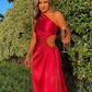 Red Satin One Shoulder Elegant Party Dress with Slit, DP2336