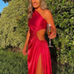 Red Satin One Shoulder Elegant Party Dress with Slit, DP2336