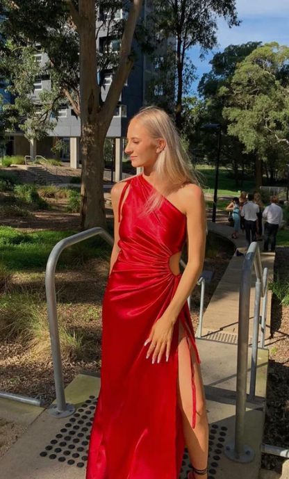 Red Satin One Shoulder Elegant Party Dress with Slit, DP2336