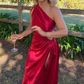 Red Satin One Shoulder Elegant Party Dress with Slit, DP2336