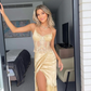 Champagne Gold Two Pieces Lace Satin Chic Party Dress, DP2345