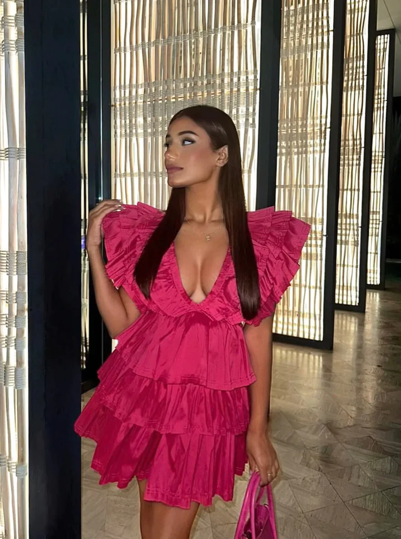 Fuchsia V Neck Ruffles Tiered Cute Homecoming Dress , DP2356