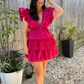 Fuchsia V Neck Ruffles Tiered Cute Homecoming Dress , DP2356