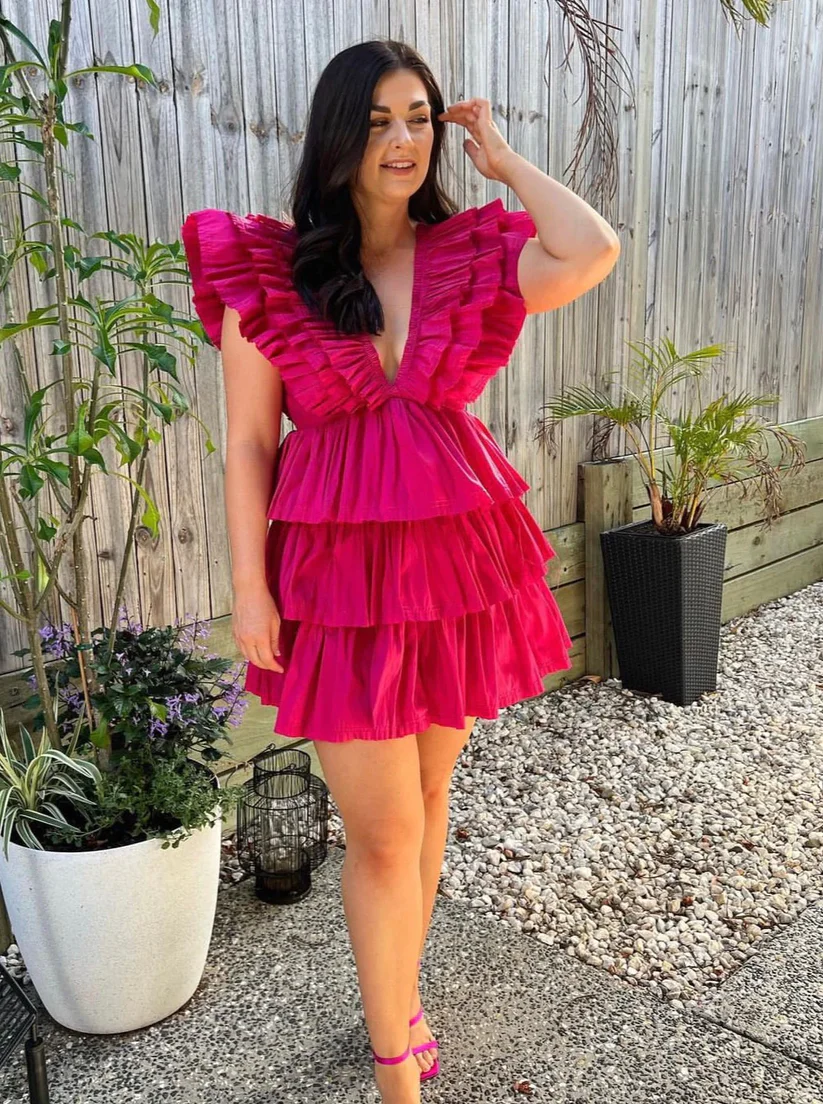 Fuchsia V Neck Ruffles Tiered Cute Homecoming Dress , DP2356