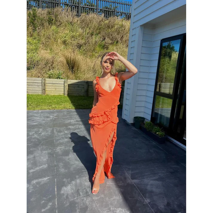 Orange Ruffles Sheath Long Party Dress with Slit, DP2361