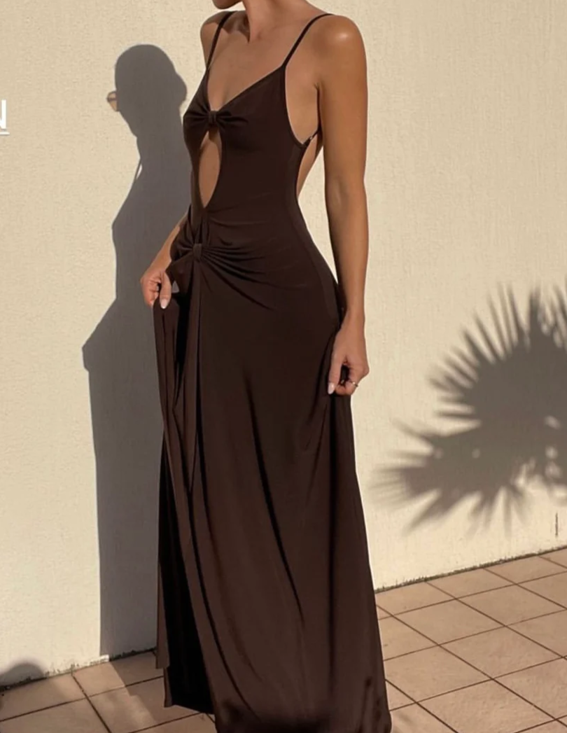 Chocolate Spaghetti Straps Backless Elegant Party Dress, DP2363