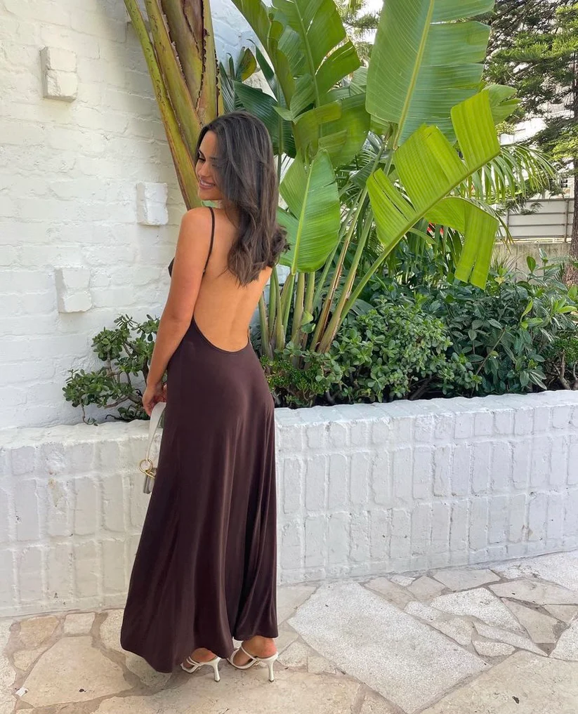 Chocolate Spaghetti Straps Backless Elegant Party Dress, DP2363