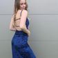 Navy Blue Spaghetti Straps Backless Velvet Party Dress with Slit, DP2416