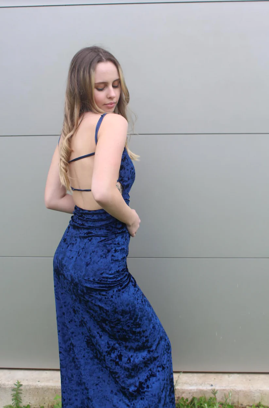 Navy Blue Spaghetti Straps Backless Velvet Party Dress with Slit, DP2416