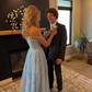 Cute A-Line Off the Shoulder Light Blue Long Prom Dresses with Slit,DP0260