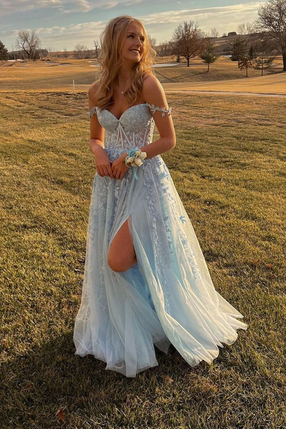 Cute A-Line Off the Shoulder Light Blue Long Prom Dresses with Slit,DP0260