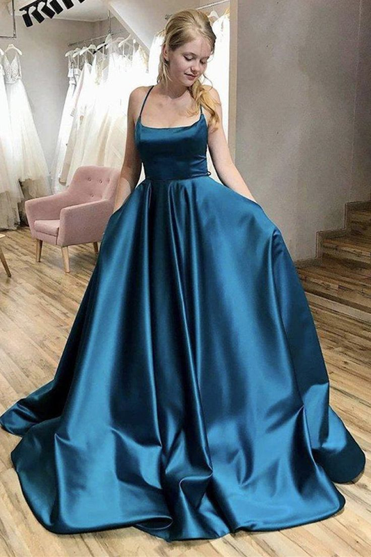 A-Line Thin Straps Open Back Blue Long Prom Dress Backless Formal Evening Dress,DP0264