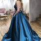 A-Line Thin Straps Open Back Blue Long Prom Dress Backless Formal Evening Dress,DP0264