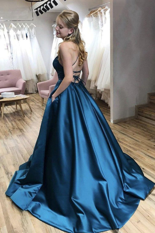 A-Line Thin Straps Open Back Blue Long Prom Dress Backless Formal Evening Dress,DP0264