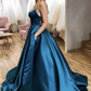 A-Line Thin Straps Open Back Blue Long Prom Dress Backless Formal Evening Dress,DP0264