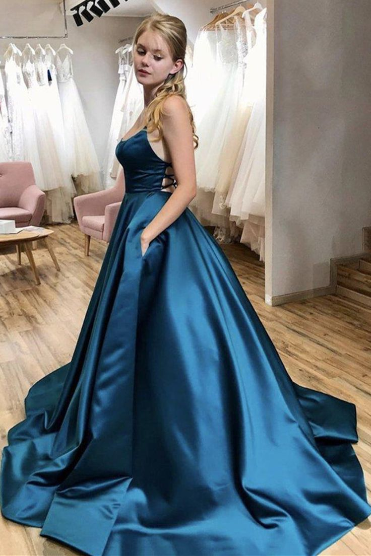 A-Line Thin Straps Open Back Blue Long Prom Dress Backless Formal Evening Dress,DP0264