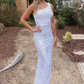 One Shoulder Side Slit White Sequins Long Prom Gown,DP0266