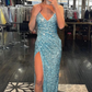 Sparkly Light Blue Lace-Up Back Sequins Prom Dresses with Slit,DP0267