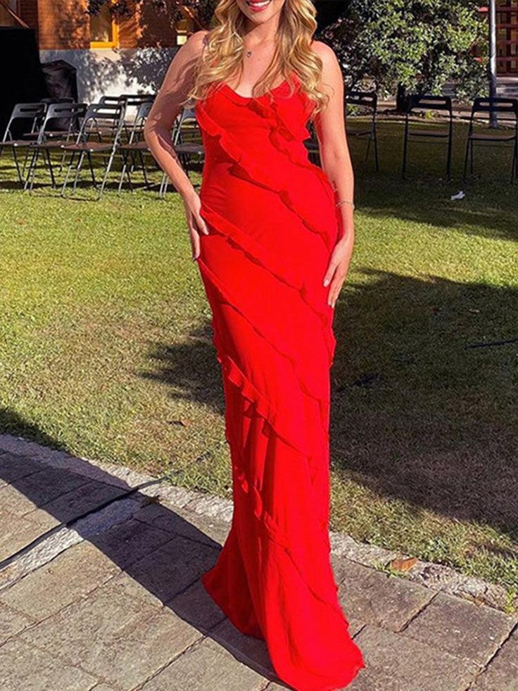 Red Maxi Prom Dress With Frill Detail Backless Party Dress,DP0269