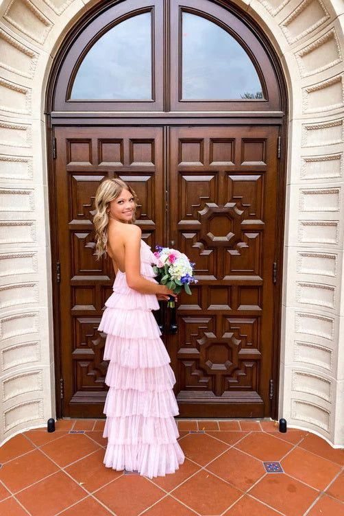 Long Pink Sleeveless Tulle Prom Dresses Party Dress with Slit,DP0272