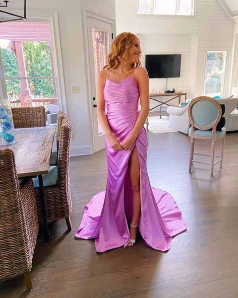 Purple Satin Mermaid Strap Side Slit Long Evening Prom Dresses,DP0273