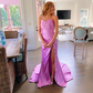 Purple Satin Mermaid Strap Side Slit Long Evening Prom Dresses,DP0273