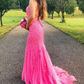 Backless Hot Pink Mermaid Lace Prom Dresses Formal Evening Dresses,DP0274