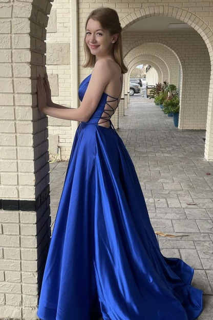 Simple Royal Blue V Neck Satin Long Prom Dress Formal Dress,DP0275