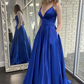 Simple Royal Blue V Neck Satin Long Prom Dress Formal Dress,DP0275