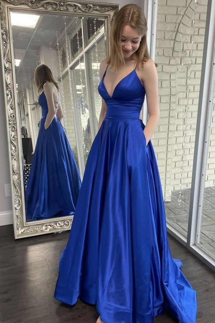 Simple Royal Blue V Neck Satin Long Prom Dress Formal Dress,DP0275