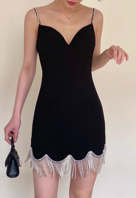 Vintage Schwarzes Sweetheart Quaste Spaghettiträger Kurzes Partykleid Etuikleid Cocktailkleid Homecoming Kleid DP6521