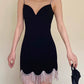 Vintage Schwarzes Sweetheart Quaste Spaghettiträger Kurzes Partykleid Etuikleid Cocktailkleid Homecoming Kleid DP6521