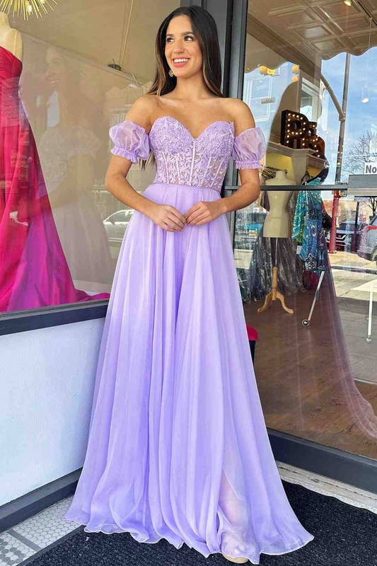 Off-Shoulder A-line Chiffon Applique Lace-Up Long Prom Dress,DP0281