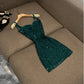 Vintage Dunkelgrün Spaghettiträger Etuikleid Kurzes Partykleid Cocktailkleid Homecomingkleid DP6523