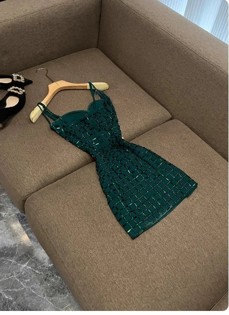 Vintage Dunkelgrün Spaghettiträger Etuikleid Kurzes Partykleid Cocktailkleid Homecomingkleid DP6523