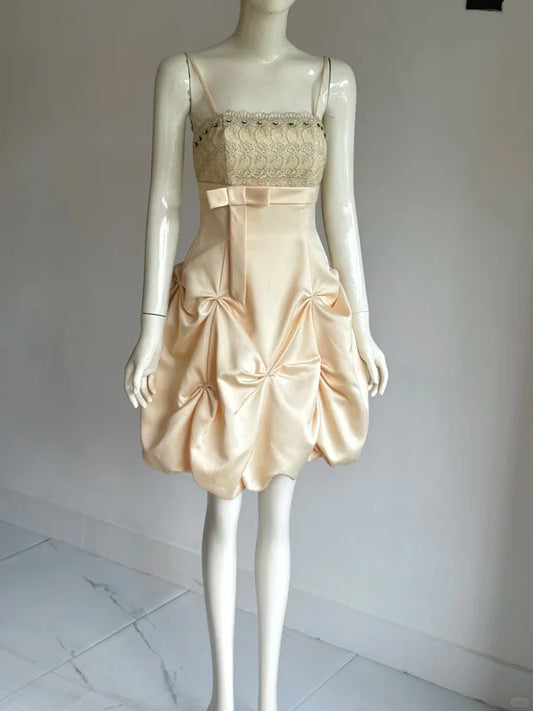 Vintage Champagne A-Line Spaghetti Strap Homecoming Dress Satin Beaded Party Dress Short Cocktail Dress, DP6555