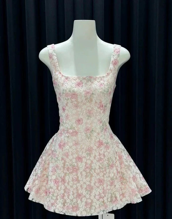 Vintage Floral A-Line Homecoming Dress Square-neck Party Dress Short Cocktail Dress, DP6554